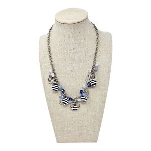Pier 1 Nautical Beaded Necklace Blue White Silver Tone Anchors